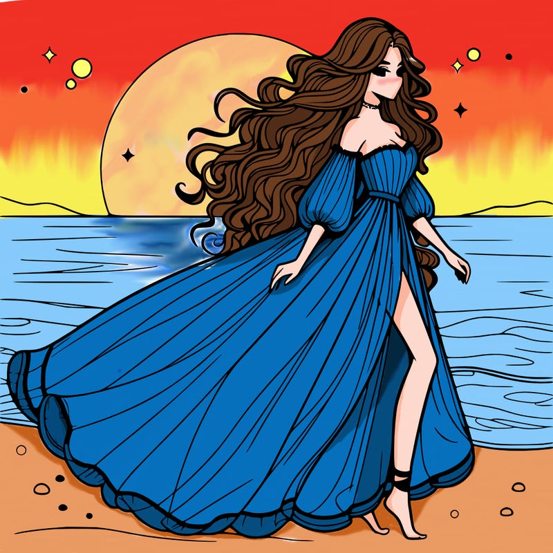 beautiful woman with a vaporous long dress walking on the beach at the noon, detailed art
