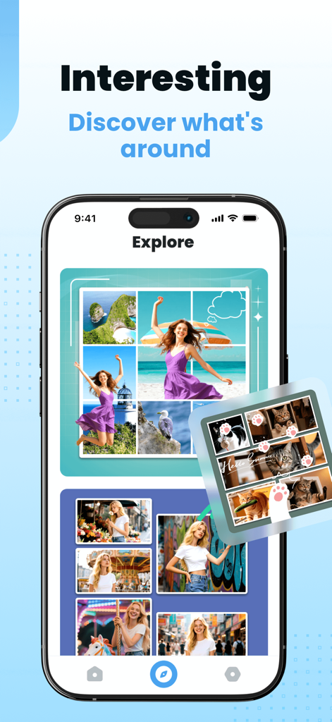 Easy PDF Reader - Scan & View - Ein Smartphone zeigt die Erkundungsseite der Easy PDF Reader App mit einem Entdeckungs-Feed von Fotocollagen und Bildkategorien.