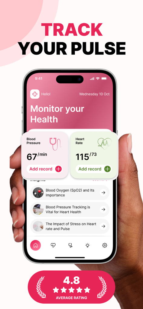 iPhone displaying the Pulse Tracker app dashboard for monitoring heart rate and blood pressure
