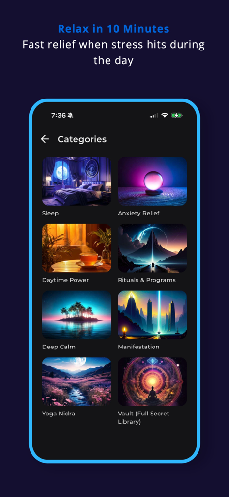 Chill Pill - Sleep & Relax - Chill Pill app interface showing various meditation and relaxation categories including Sleep and Anxiety Relief