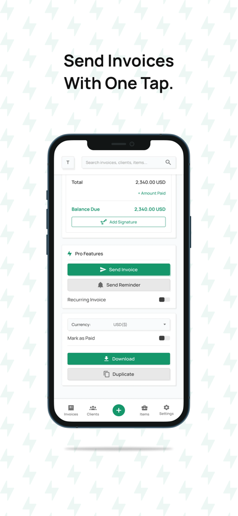 Invoice Generator App - Interface móvel da aplicação Gerador de Faturas mostrando o envio de faturas com um toque e funcionalidades de faturação profissional