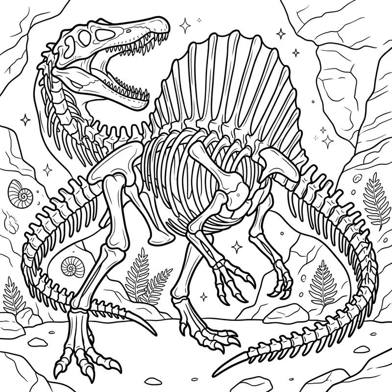 Embark on a prehistoric journey with this captivating Spinosaurus skeleton coloring page. Explore the intricate details of one of history's most magnificent dinosaurs, ready for your creative touch.