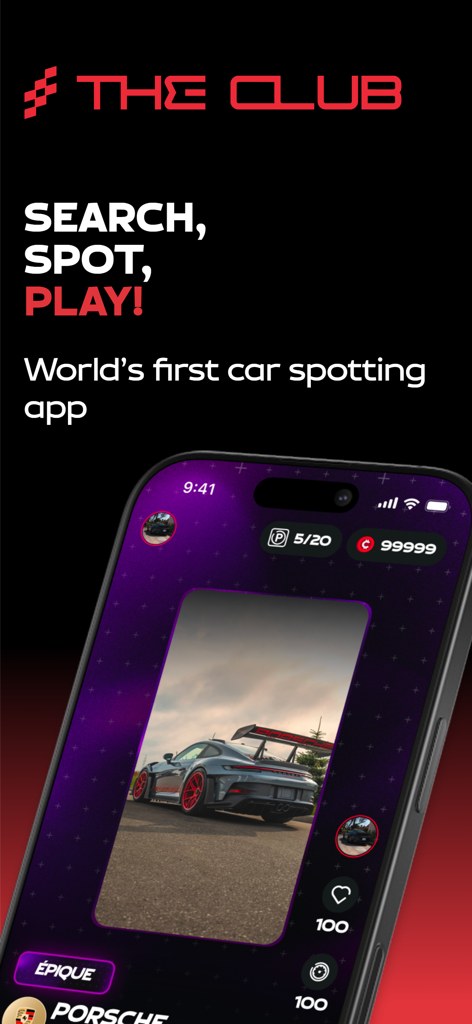 The Club (Carspotting app) - The Club app displaying a car spotting feed with a sports car and social engagement icons