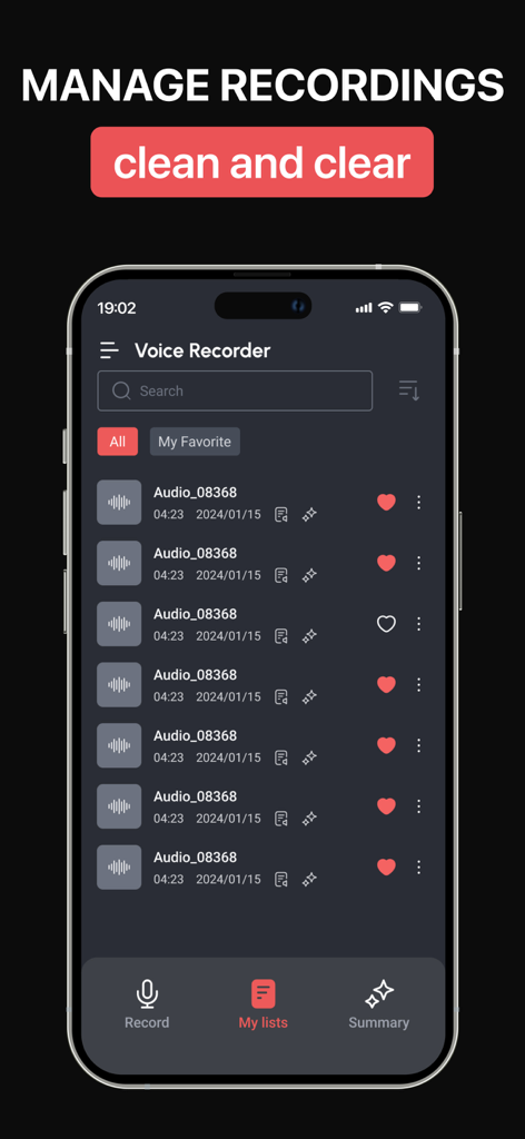 Audio Recorder & Voice To Text - AudiSum app interface showing a list of voice recordings in a clean and organized layout.