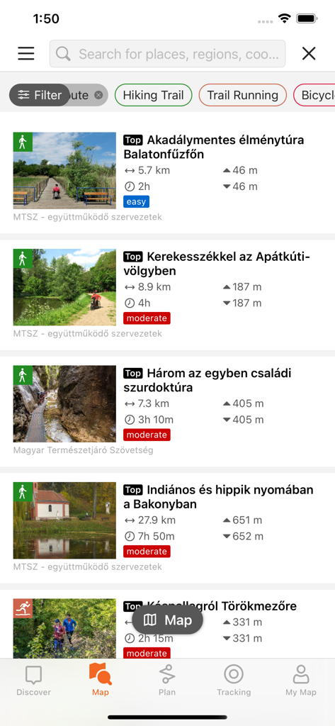 Una lista de senderos de senderismo y actividades al aire libre en Hungría con detalles de distancia y dificultad