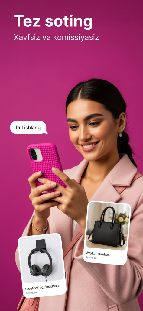 BirBir: soting va sotib oling - A woman using the BirBir marketplace app to sell items like electronics and accessories