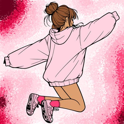 realistic girl jumping with a bun and oversized sweatshirt
