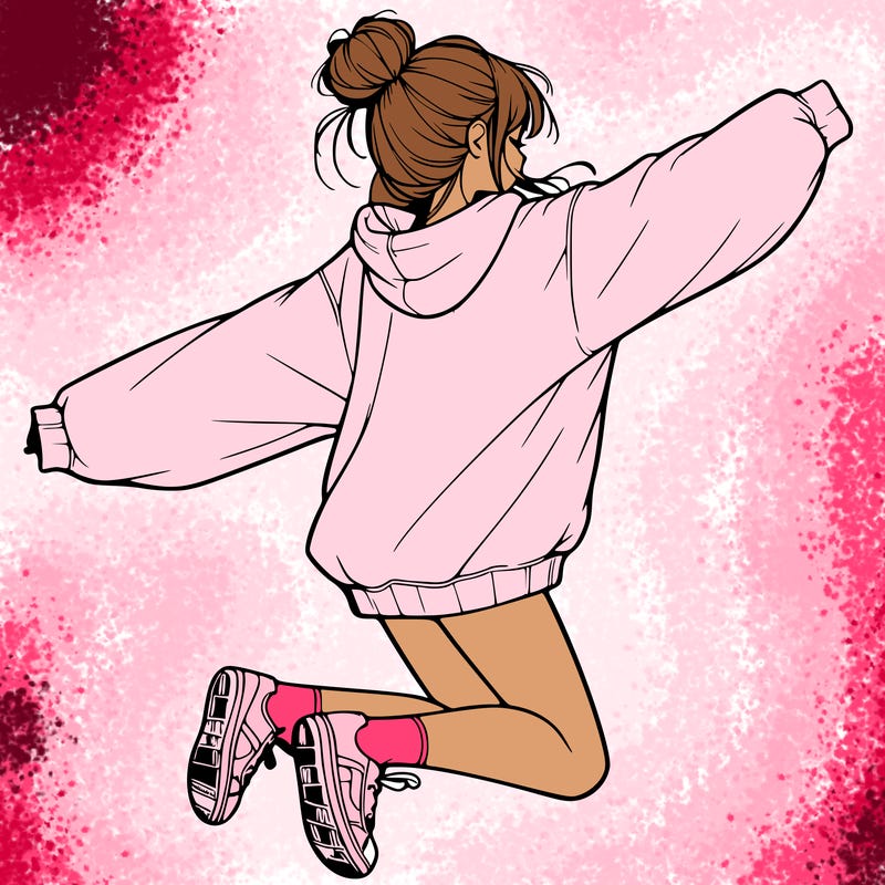 realistic girl jumping with a bun and oversized sweatshirt