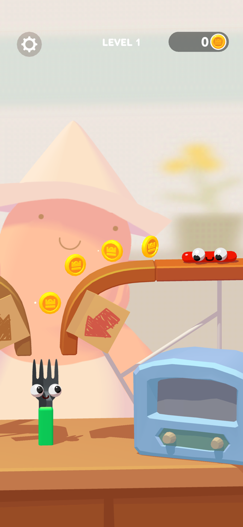 A red cartoon sausage with eyes on a track aiming for a fork in a kitchen physics puzzle game.