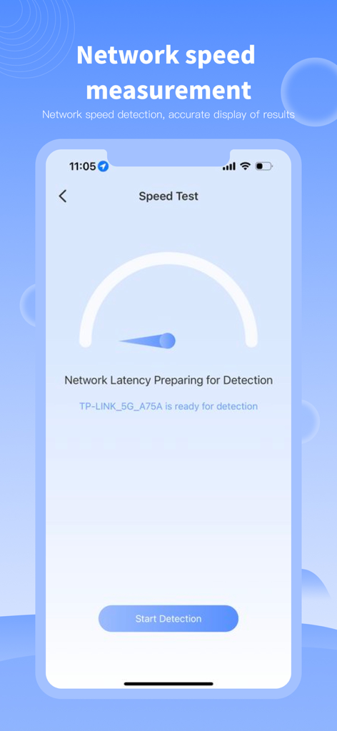 Interface of the Hidden Camera Detector app showing the network speed measurement feature with a start detection button