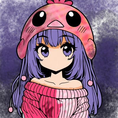 anime girl with chick shaped hat with sweater with bare shoulders with bangs covering them one eye with low tail