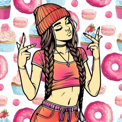 realistic teenage girl with braids and a beanie and crop top doing 🫶🏼