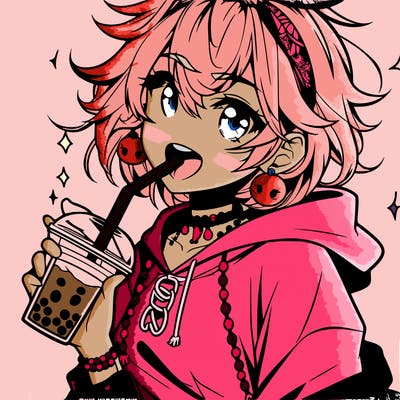 hot baddie anime girl drinking boba and biting the straw