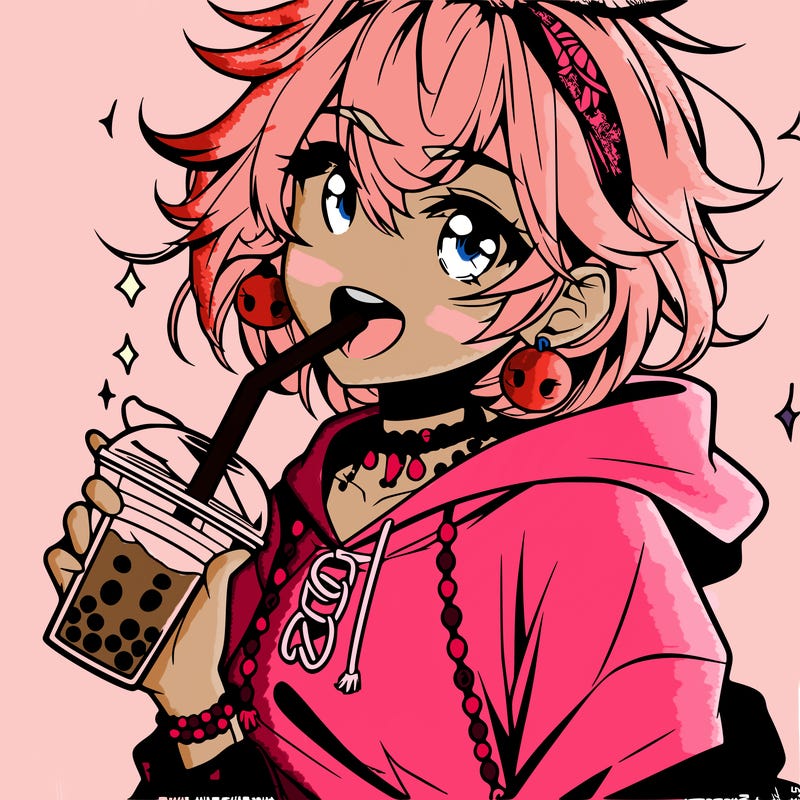 hot baddie anime girl drinking boba and biting the straw