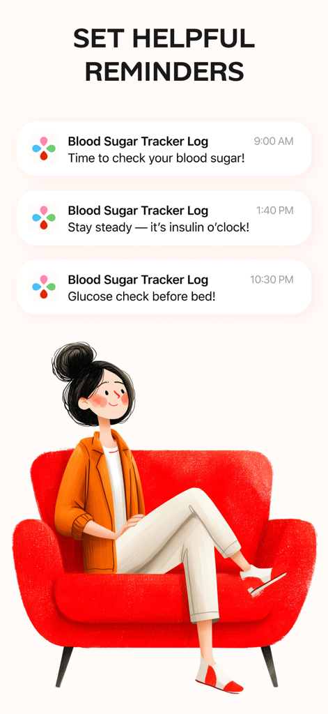 Blood Sugar - Tracker Log - Interfaz de aplicación de diabetes que muestra notificaciones para controles de azúcar en sangre y recordatorios de dosis de insulina.