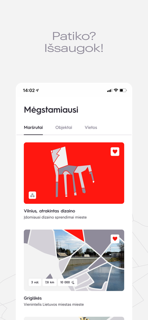 Mobile app interface of Neakivaizdinis Vilnius showing a curated list of favorite travel routes and local landmarks.