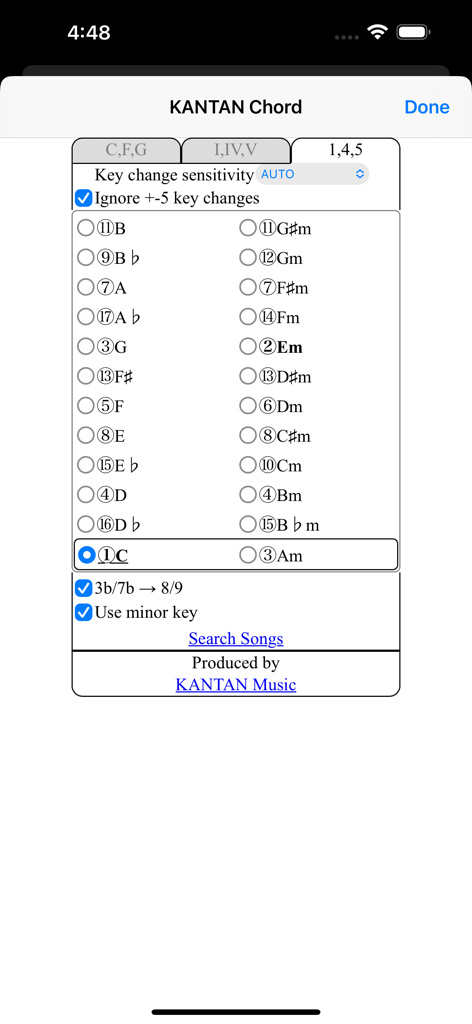 KANTAN Chord - Interface de l'application KANTAN Chord montrant la sélection de la tonalité musicale et les paramètres du système de chiffres de Nashville pour les musiciens.
