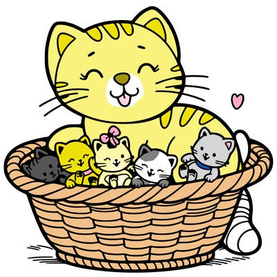 cat with babies in a basket