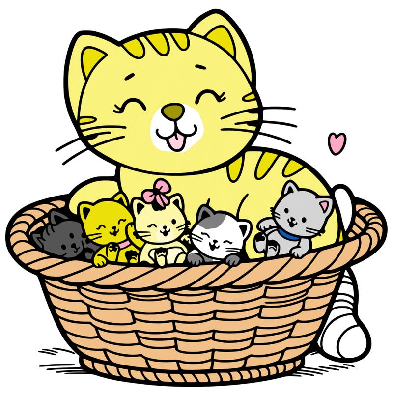 cat with babies in a basket