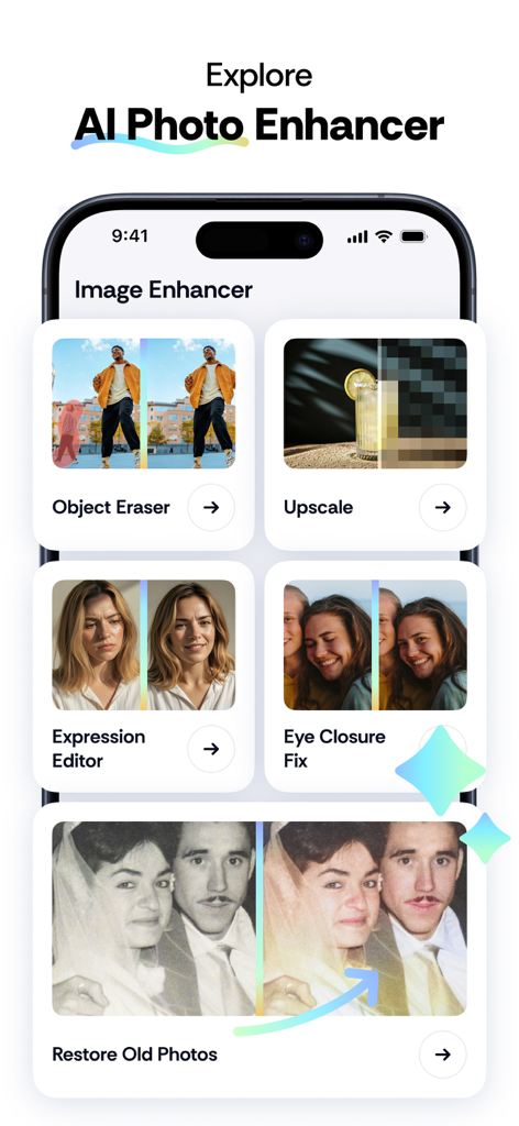 Expert Cleaner - Clean Storage - A menu showing AI Photo Enhancer tools including Object Eraser, Upscale, Expression Editor, and Restore Old Photos in the Expert Cleaner app.