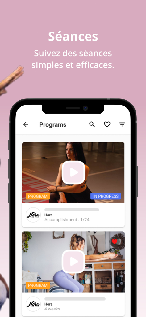 Hora - Interface of the Hora fitness app displaying various workout programs with video previews