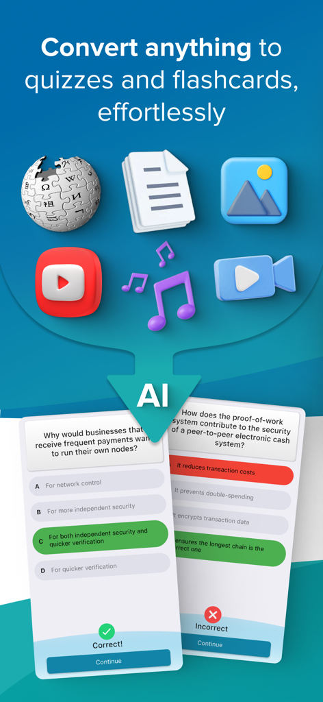 AI Quiz Generator - Quizatic - An infographic showing the Quizatic app converting files, YouTube videos, and documents into interactive AI quizzes.