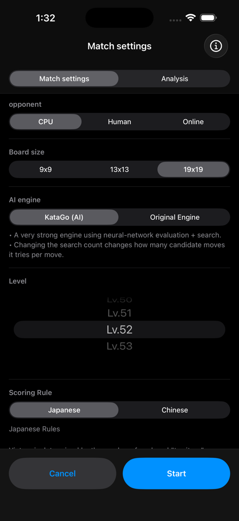 Go Lab: AI Baduk KataGo Engine - Bildschirm für Partieeinstellungen der Go Lab App mit Optionen für die Brettgröße des CPU-Gegners und die KataGo KI-Engine