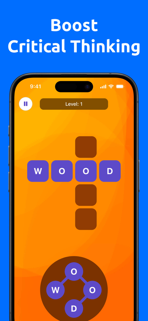 Brain Games: Memory Training - A vocabulary word puzzle screen from the Brain Games Memory Training app featuring the word WOOD