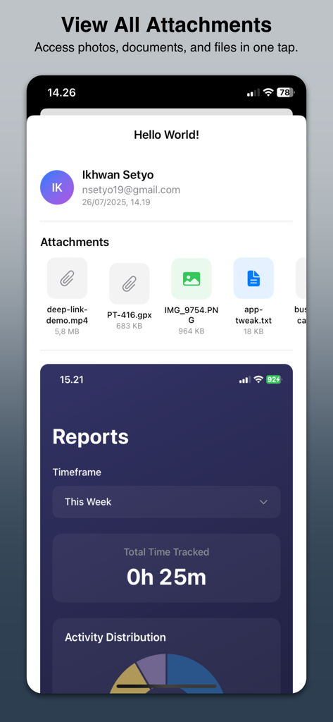 Ein Screenshot der msg Email Viewer App, der eine Liste von E-Mail-Anhängen, einschließlich Videos und Dokumenten, auf einem iPhone anzeigt.