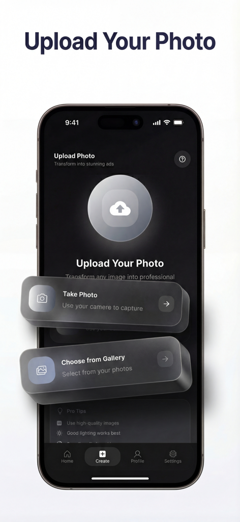 Adify AI - AI Ad Generator - Adify AI app interface showing options to take a photo or choose from gallery to create professional advertisements