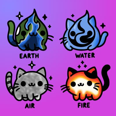 4 cats that represent the different elements, earth, water, air, and fire