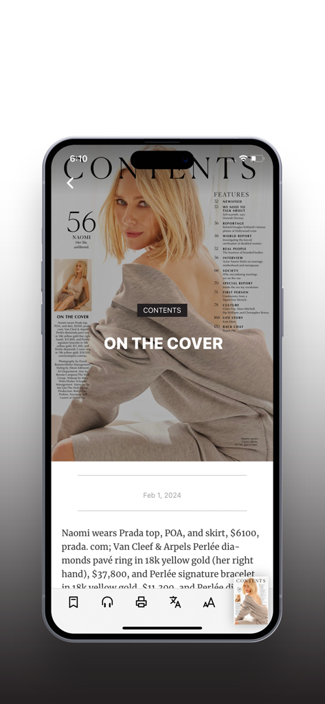 Marie Claire Australia - Screenshot of the Marie Claire Australia digital magazine app displaying the table of contents and cover feature details with Naomi Watts