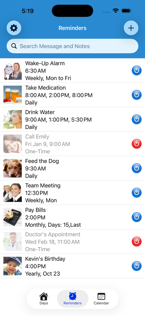 A list of daily reminders with icons and times in the Reminder app interface