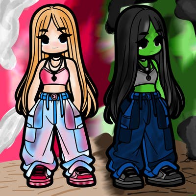 girl in baggy pants crop top and long hair