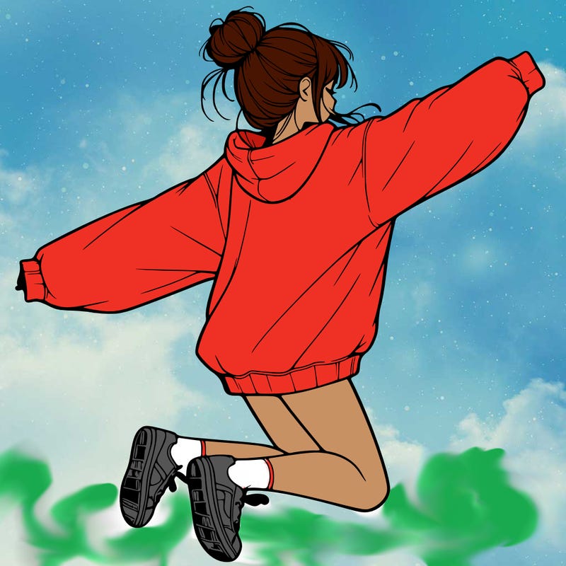 realistic girl jumping with a bun and oversized sweatshirt