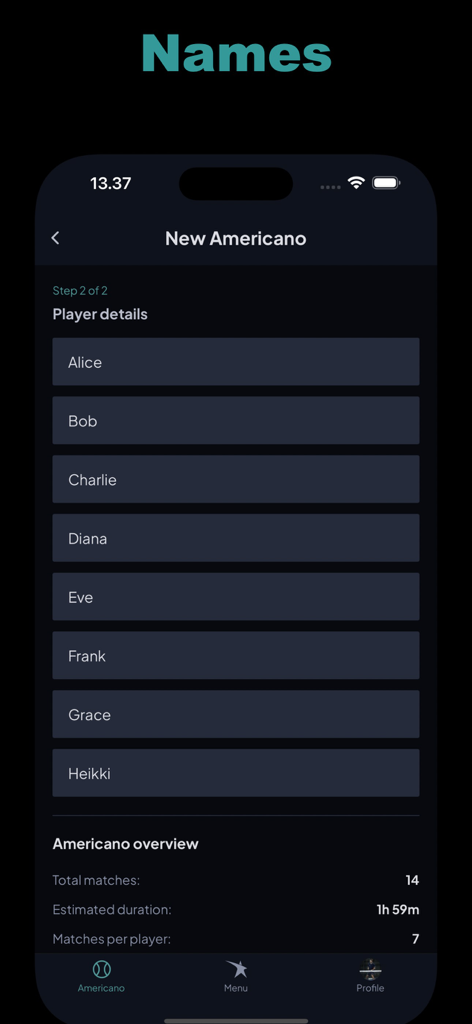 Padelution - Interface of Padelution app showing the player entry screen for a new Americano padel tournament with match overview statistics