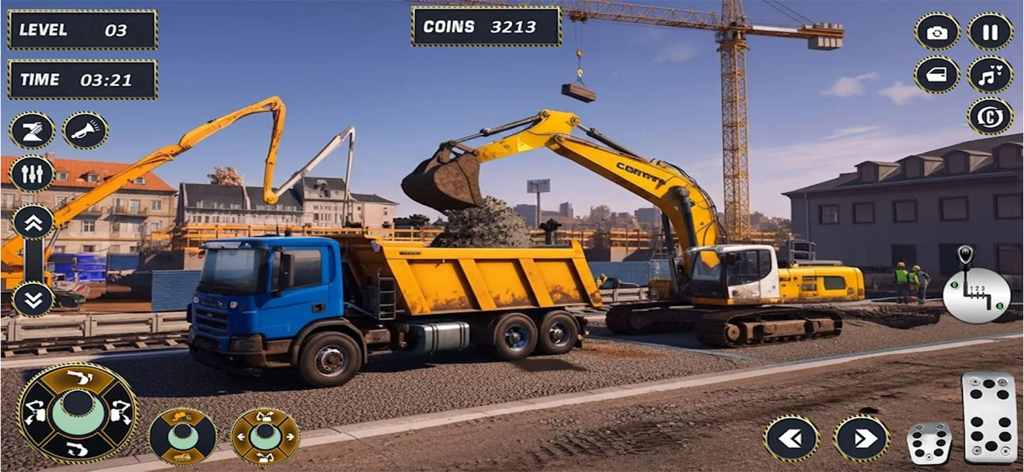 Yellow excavator loading dirt into a blue dump truck at a road construction site