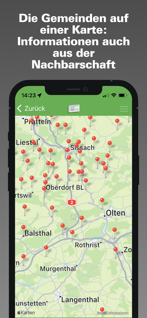 A map screen in the Gemeinde-News app showing neighboring municipalities marked with red pins
