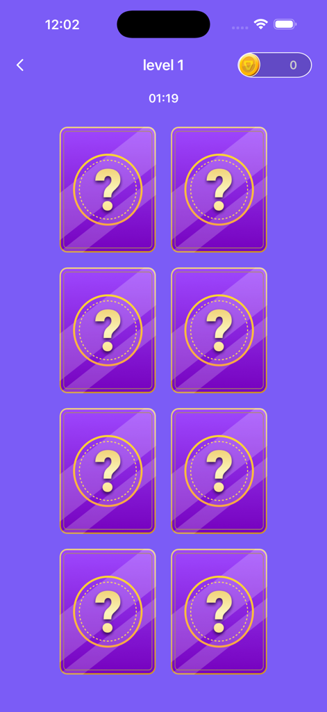 Yanidube - Yanidube mobile game screen showing eight cards with question marks in a memory matching level
