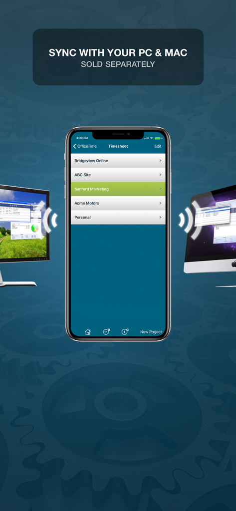 OfficeTime Time Keeper Pro - OfficeTime app on an iPhone wirelessly syncing project timesheets with a PC and a Mac computer
