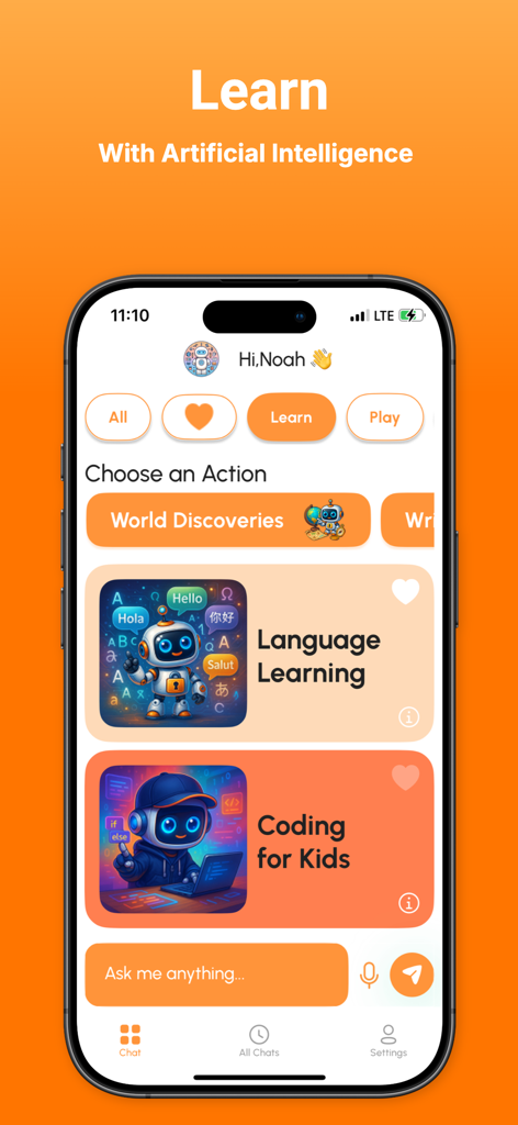Smartphone screen displaying Chat Kids app with language learning and coding for kids options