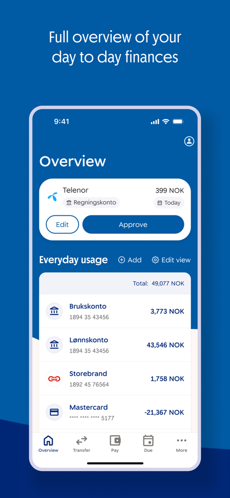 SpareBank 1 Mobilbank - Mobile app interface showing a financial overview with account balances and a bill approval button