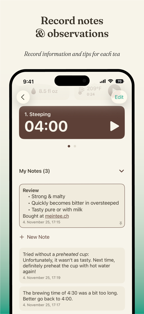 Tea Me - Tea Timer - Interface do aplicativo Tea Me mostrando o recurso de notas e observações com um temporizador de preparo