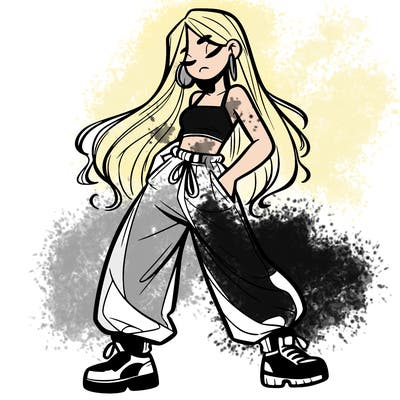 girl in baggy pants crop top and long hair
