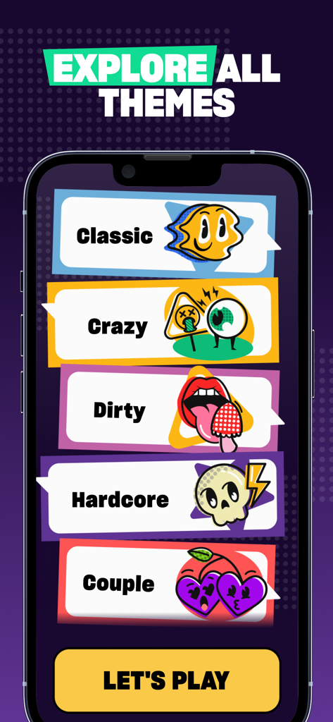 Truth or Dare app interface showing various game modes including Classic, Crazy, Dirty, Hardcore, and Couple