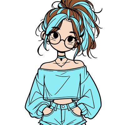 girl with a messy ponytail glasses a baggy crop top and jean shorts