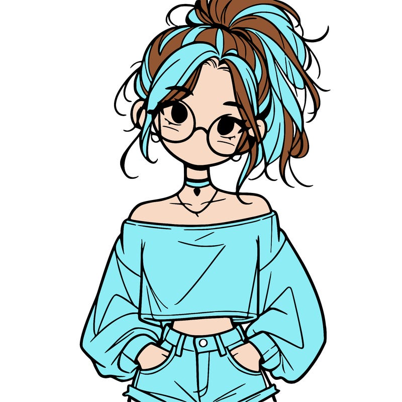 girl with a messy ponytail glasses a baggy crop top and jean shorts