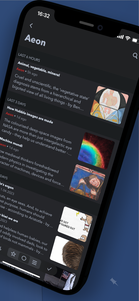 Fiery Feeds: News Reader - A screenshot of the Fiery Feeds app showing a news feed from Aeon in dark mode.