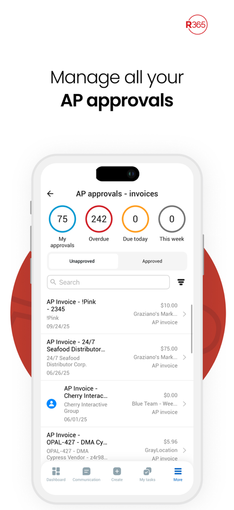 Restaurant365 - A mobile interface for managing accounts payable invoice approvals in the Restaurant365 app.
