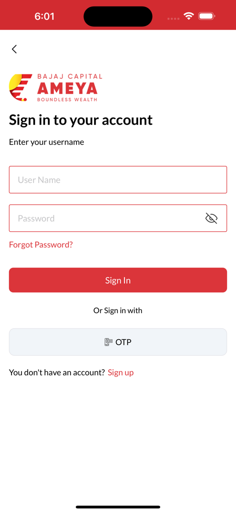 AMEYA - AMEYA app login screen by Bajaj Capital featuring username and password fields and OTP sign-in option